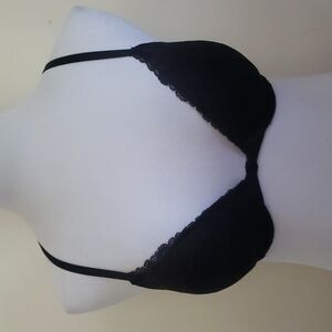 Victoria's Secret black lace padded underwire push up front close racer bra 32D